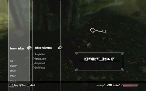 Defeat them all and pick up the Redwater Wellspring Key lying by the leader's corpse - The Bloodstone Chalice - p. 2 - Vampire Lord path - The Elder Scrolls V: Skyrim - Dawnguard - Game Guide and Walkthrough