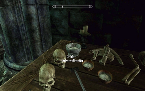 The Finely Ground Bone Meal lies in a silver bowl below a mammoth skull - Chasing Echoes - p. 2 - Vampire Lord path - The Elder Scrolls V: Skyrim - Dawnguard - Game Guide and Walkthrough