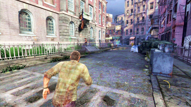 A moment later, there will be an explosion, after which you need to turn around (pull the left analog stick down + X) and follow your companion (press and hold down the L2 button) - 20 Years Later - The Quarantine Zone - The Last of Us - Game Guide and Walkthrough