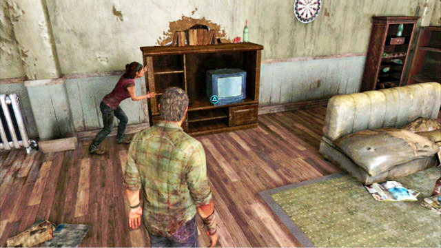 As you follow Tess, you will reach a room with a cabinet blocking further passage - 20 Years Later - The Quarantine Zone - The Last of Us - Game Guide and Walkthrough