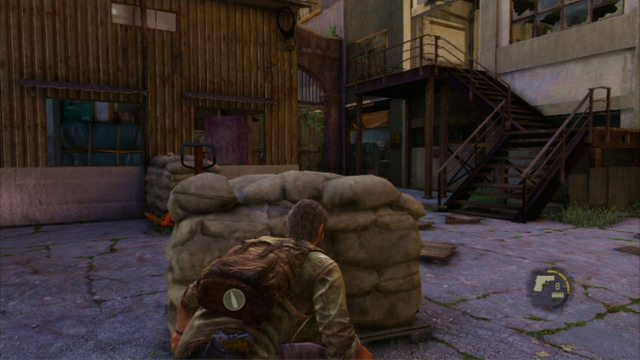 After you deal with the enemies, go downstairs to eliminate the third one on the ground floor of the warehouse - The Slum (text & map) - The Quarantine Zone - The Last of Us - Game Guide and Walkthrough