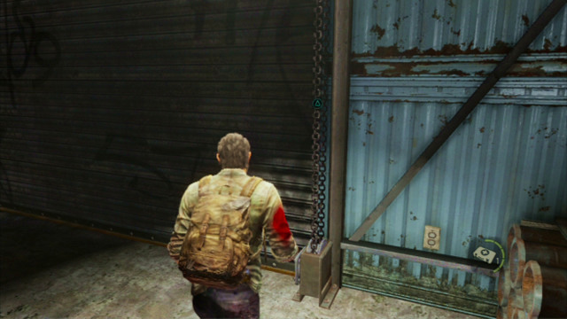 After you secure the area, approach the chain at the gate to the left and pull onto it , by pressing and holding down the triangle - The Slum (text & map) - The Quarantine Zone - The Last of Us - Game Guide and Walkthrough