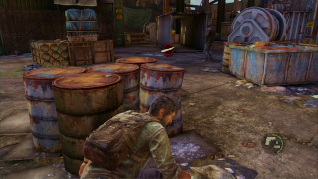When Joel takes cover, you need to wait a bit and then, take cover behind the barrels to the right - The Slum (text & map) - The Quarantine Zone - The Last of Us - Game Guide and Walkthrough
