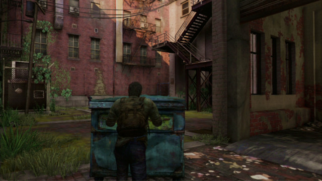 To reach the fire escape, you need to find a nearby container and keep pushing it until you will be able to reach the steps - The Cargo (text & map) - The Quarantine Zone - The Last of Us - Game Guide and Walkthrough