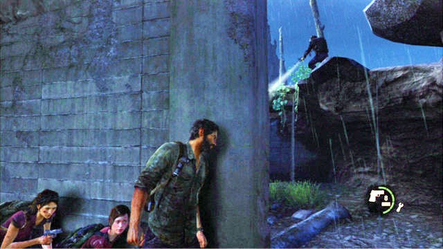 At first, go ahead; as soon as the soldier turns away, sneak quickly to the wall to the right - Outside - The Outskirts - The Last of Us - Game Guide and Walkthrough