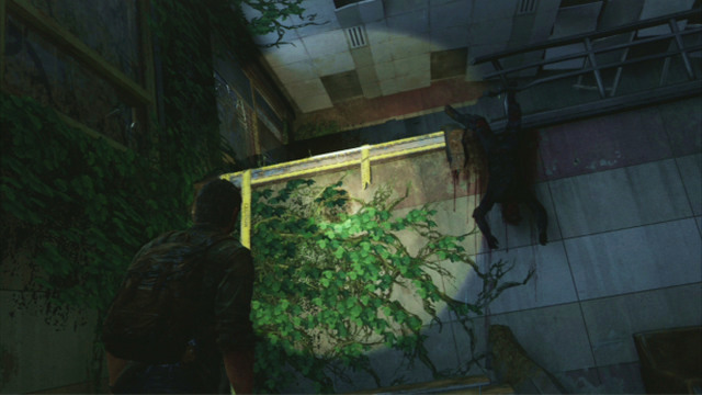 Go left to reach a tall wall with a corpse hanging down from it - Downtown (text & maps) - The Outskirts - The Last of Us - Game Guide and Walkthrough