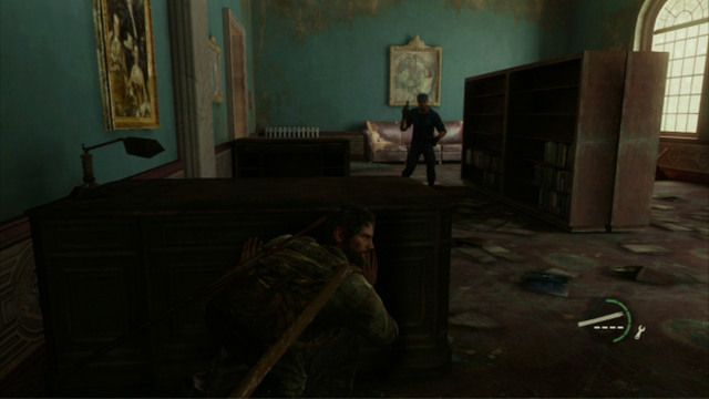 As soon as the third one drops dead, go right and kill the man walking between the chest and the shelf - The Capitol Building (text & maps) - The Outskirts - The Last of Us - Game Guide and Walkthrough
