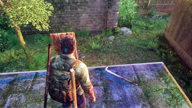 You can climb over the extension at the other side and pull the board to the roof - The Woods - Bills Town - The Last of Us - Game Guide and Walkthrough