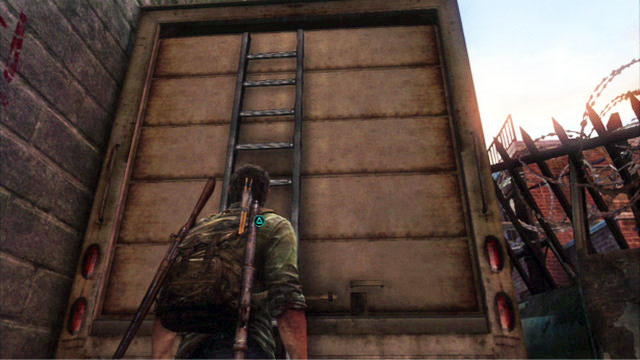 Reach the end of the alley, pick up the arrows stuck in the corpse and climb up to the truck's roof by climbing the ladder that you can find nearby - The Woods - Bills Town - The Last of Us - Game Guide and Walkthrough