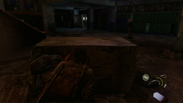 Crouch immediately inside the building and slowly make it over to the cover on the left - High School Escape (text & map) - Bills Town - The Last of Us - Game Guide and Walkthrough