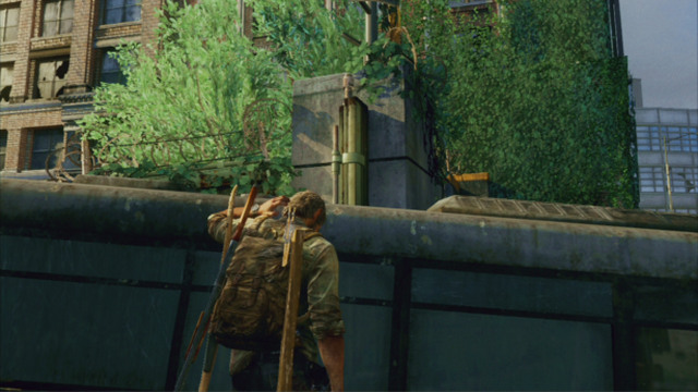 Once you have cleared the area, climb onto the car, and then onto the bus and jump over the fence - Alone and Forsaken (text & map) - Pittsburgh - The Last of Us - Game Guide and Walkthrough