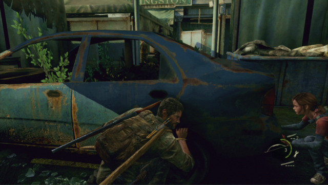 First, go to the left end of this location and take cover behind the blue vehicle - Alone and Forsaken (text & map) - Pittsburgh - The Last of Us - Game Guide and Walkthrough