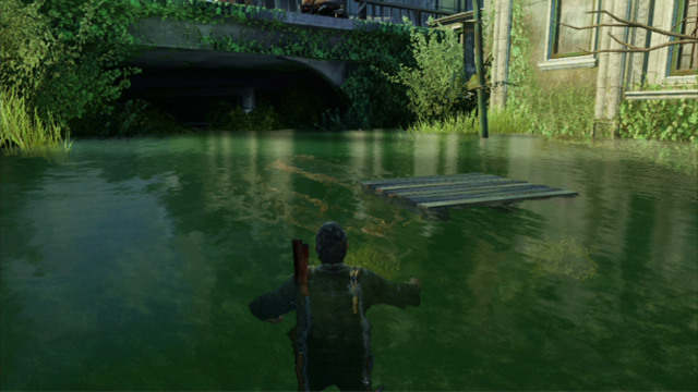 After the cutscene finishes, walk into the water and keep swimming ahead, until you see a drifting plank - Alone and Forsaken (text & map) - Pittsburgh - The Last of Us - Game Guide and Walkthrough
