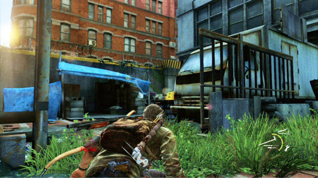 Use your bow to shoot him as soon as he turns away, and walk over to the wall on the right - Financial District - Pittsburgh - The Last of Us - Game Guide and Walkthrough