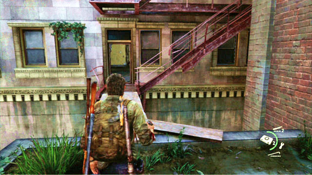 As soon as the two die, enter the building, go upstairs and walk over a wooden plank to the next building - Escape the City - Pittsburgh - The Last of Us - Game Guide and Walkthrough