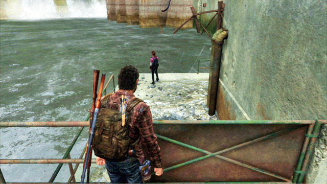 To unblock the second part of the bridge, jump into water behind the small waterfall and dive - Hydroelectric Dam - Tommys Dam - The Last of Us - Game Guide and Walkthrough