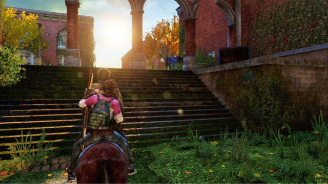 Behind the first blockade, which you need to jump over, and the wide staircase, there is a big barricade - Go Big Horns! - The University - The Last of Us - Game Guide and Walkthrough