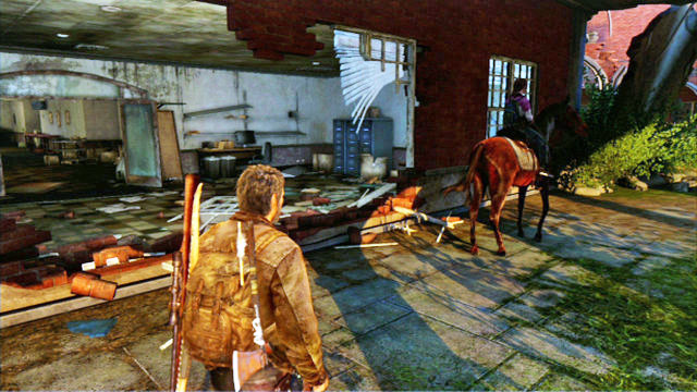 To be able to ride on, you will have to get around it through the destroyed building to the left - Go Big Horns! - The University - The Last of Us - Game Guide and Walkthrough