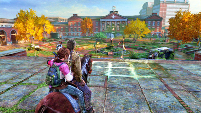 Behind the gate this opens, ride ahead until you reach a big square with a fountain in the middle - Go Big Horns! - The University - The Last of Us - Game Guide and Walkthrough