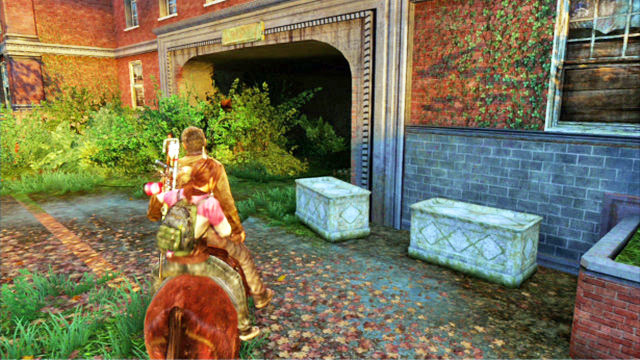 There, you should ride to the left edge and turn right - Go Big Horns! - The University - The Last of Us - Game Guide and Walkthrough