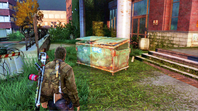 To open it, turn around and give a push to the container on your right - Go Big Horns! - The University - The Last of Us - Game Guide and Walkthrough