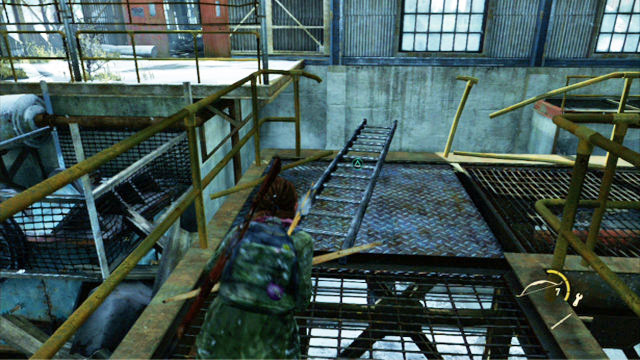 Use your bow to kill the creature and throw down the ladder lying at the end of the catwalk - The Hunt - Lakeside Resort - The Last of Us - Game Guide and Walkthrough