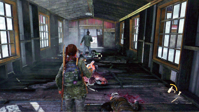 Once you deal with the first wave, run into the corridor and deploy a bomb underneath the hole in the roof - The Hunt - Lakeside Resort - The Last of Us - Game Guide and Walkthrough