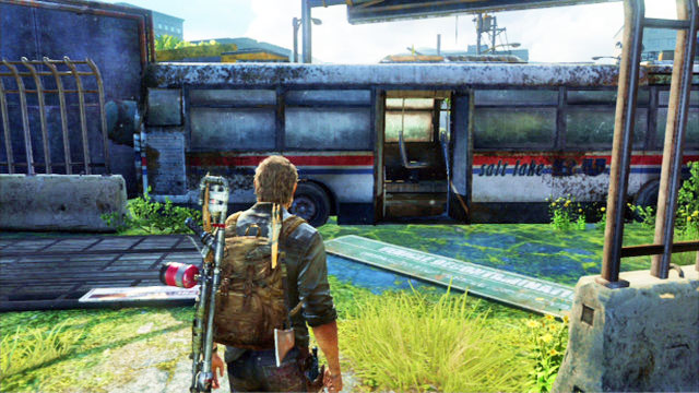 Once you are done with the tents, go to the right edge of this location and walk through the destroyed bus - Highway Exit - Bus Depot - The Last of Us - Game Guide and Walkthrough