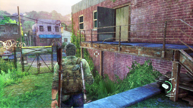 To the right of the place where Ellie jumps over the gate, there is a red brick building - Bill's Town - Artifacts and pendants - The Last of Us - Game Guide and Walkthrough