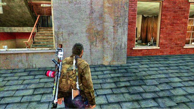Climb the stairs to reach the upper floor and walk over the roof to get to the next room - The University - Training manuals and tools - The Last of Us - Game Guide and Walkthrough