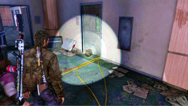 Once you enter the science building through the hole in the wall, find the door with the red and yellow cables underneath - The University - Training manuals and tools - The Last of Us - Game Guide and Walkthrough