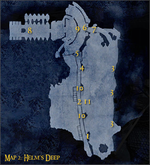 Map legend: 1 - starting area and first checkpoint - Campaign - Forces of good - Mission 1 - Helm's Deep - part 1 - Campaign - Forces of good - The Lord of the Rings: Conquest - Game Guide and Walkthrough