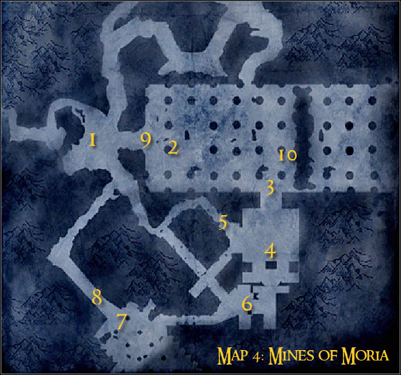 Map legend: 1 - starting area and first checkpoint - Campaign - Forces of good - Mission 3 - Mines of Moria - Campaign - Forces of good - The Lord of the Rings: Conquest - Game Guide and Walkthrough