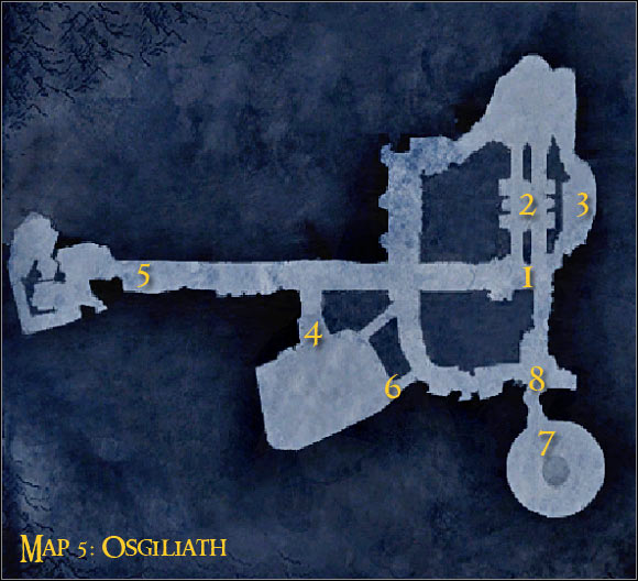 Map legend: 1 - starting area and first checkpoint - Campaign - Forces of good - Mission 4 - Osgiliath - Campaign - Forces of good - The Lord of the Rings: Conquest - Game Guide and Walkthrough