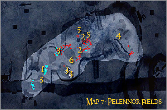 Map legend: 1 - starting area and first checkpoint - Campaign - Forces of good - Mission 6 - Pelennor Fields - Campaign - Forces of good - The Lord of the Rings: Conquest - Game Guide and Walkthrough