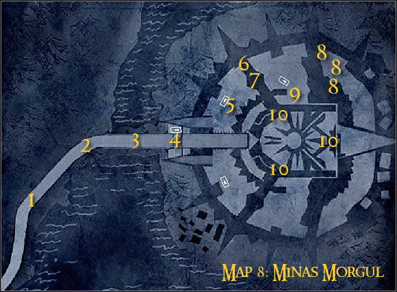 Map legend: 1 - starting area and first checkpoint - Campaign - Forces of good - Mission 7 - Minas Morgul - part 1 - Campaign - Forces of good - The Lord of the Rings: Conquest - Game Guide and Walkthrough