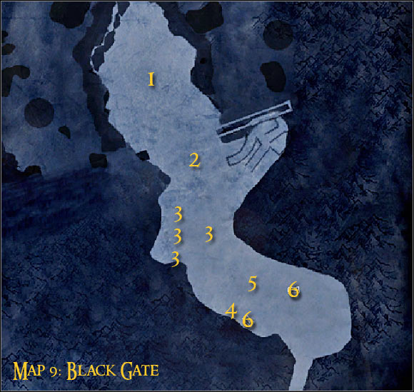 Map legend: 1 - starting area and first checkpoint - Campaign - Forces of good - Mission 8 - Black Gate - part 1 - Campaign - Forces of good - The Lord of the Rings: Conquest - Game Guide and Walkthrough