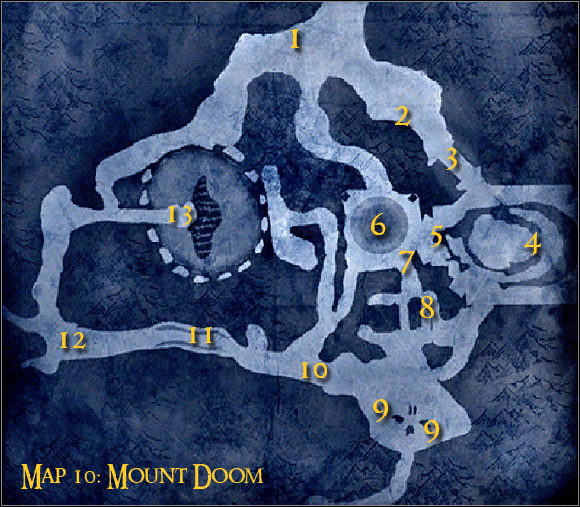 Map legend: 1 - starting area and first checkpoint - Campaign - Forces of evil - Mission 1 - Mount Doom - part 1 - Campaign - Forces of evil - The Lord of the Rings: Conquest - Game Guide and Walkthrough