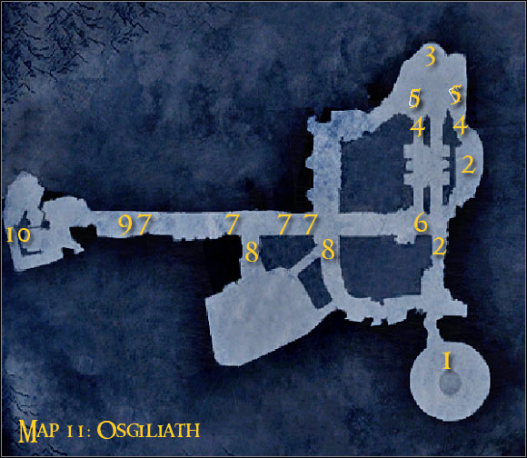 Map legend: 1 - starting area and first checkpoint - Campaign - Forces of evil - Mission 2 - Osgiliath - part 1 - Campaign - Forces of evil - The Lord of the Rings: Conquest - Game Guide and Walkthrough