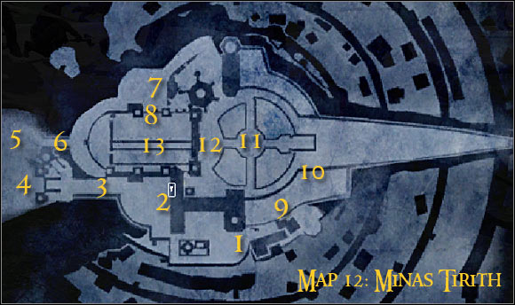 Map legend: 1 - starting area and first checkpoint - Campaign - Forces of evil - Mission 3 - Minas Tirith - part 1 - Campaign - Forces of evil - The Lord of the Rings: Conquest - Game Guide and Walkthrough