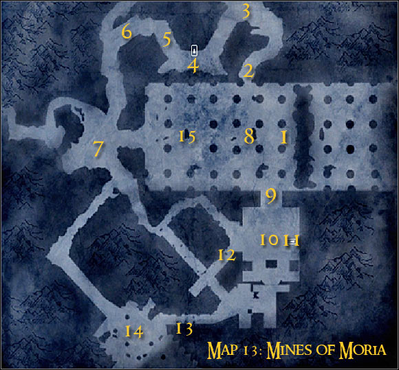 Map legend: 1 - starting area and first checkpoint - Campaign - Forces of evil - Mission 4 - Mines of Moria - part 1 - Campaign - Forces of evil - The Lord of the Rings: Conquest - Game Guide and Walkthrough