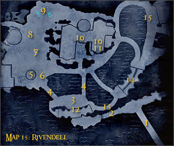 Map legend: 1 - starting area and first checkpoint - Campaign - Forces of evil - Mission 6 - Rivendell - part 1 - Campaign - Forces of evil - The Lord of the Rings: Conquest - Game Guide and Walkthrough