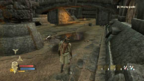 Run to the first stairs (you used the glowing portal between them), On the way you'll find another heap of items, the next by the pillar (on the right there is a mushroom), while near the stairs on the left - one more - Main Gate - p. 1 - Chapter 1 - The Lord of the Rings: War in the North - Game Guide and Walkthrough