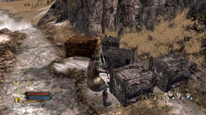 There are a lot of crates and barrels around - destroy everything and then run left, down the stream - The Coldfells - p. 2 - Chapter 3 - The Lord of the Rings: War in the North - Game Guide and Walkthrough