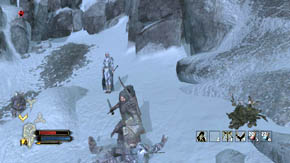 The second heap is right under the wooden construction, a little to the right, to the left of the passage leading up - Alpine Pass - Chapter 4 - The Lord of the Rings: War in the North - Game Guide and Walkthrough