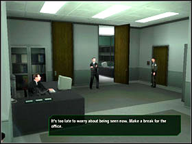 We wait till the security guard stops talking to the cop and move very close to the desk on his other side and link up to a partly opened cabinet (screen 1) - They're Coming for You, Neo - Walkthrough - The Matrix: Path of Neo - Game Guide and Walkthrough