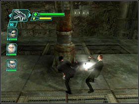 When we get separated from the others we hide near the pillar marked in red (screen 1) - Storming the Drain - Walkthrough - The Matrix: Path of Neo - Game Guide and Walkthrough