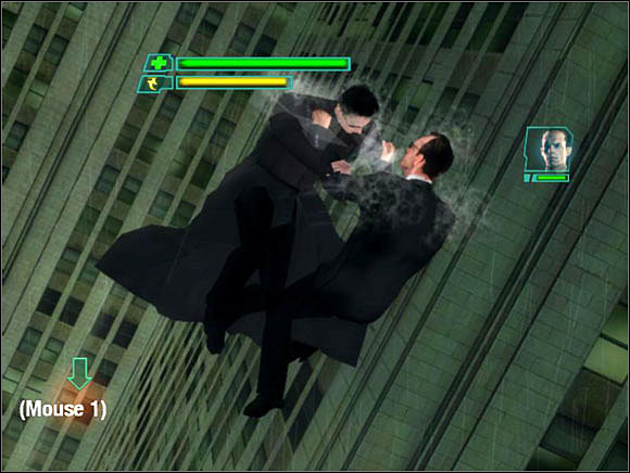 When our enemy is far away from us we wait till he attacks us (he will fly like a torpedo toward us) we make an evade move (we press only the evade button, nothing else) - Mr. Anderson, Welcome Back - Walkthrough - The Matrix: Path of Neo - Game Guide and Walkthrough