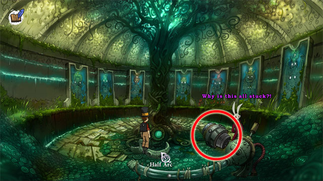 Take two half arc laying next to a tree and in your inventory you will see metal part and half a ball run - A trip with Spitzweg - Walkthrough - The Night of the Rabbit - Game Guide and Walkthrough