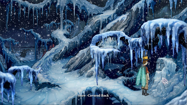 On the right click on a snow-covered rock and then again click on snow-covered rock - The four portals: fox's cunning and glimmer of hope spells - Walkthrough - The Night of the Rabbit - Game Guide and Walkthrough